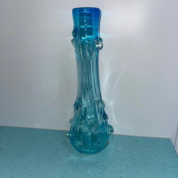 L E Smith Vintage MCM Hobnail Stretch Peacock Blue Art Glass Vase Decor - Picture 1 of 8